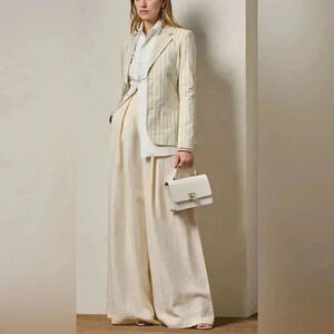 Ralph Lauren Women’s 100% Linen Cream Black Pinstriped Blazer Jacket Coat 10